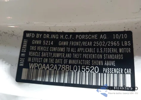 2011 Porsche Panamera 4 из США, поврежденный, VIN WP0AA2A78BL015520